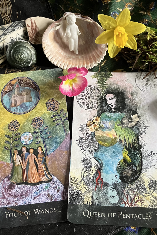 The RainShadow Tarot Four of Wands, Queen of Pentacles