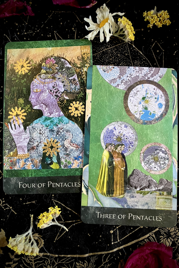 The RainShadow Tarot Four of Pentacles and Three of Pentacles